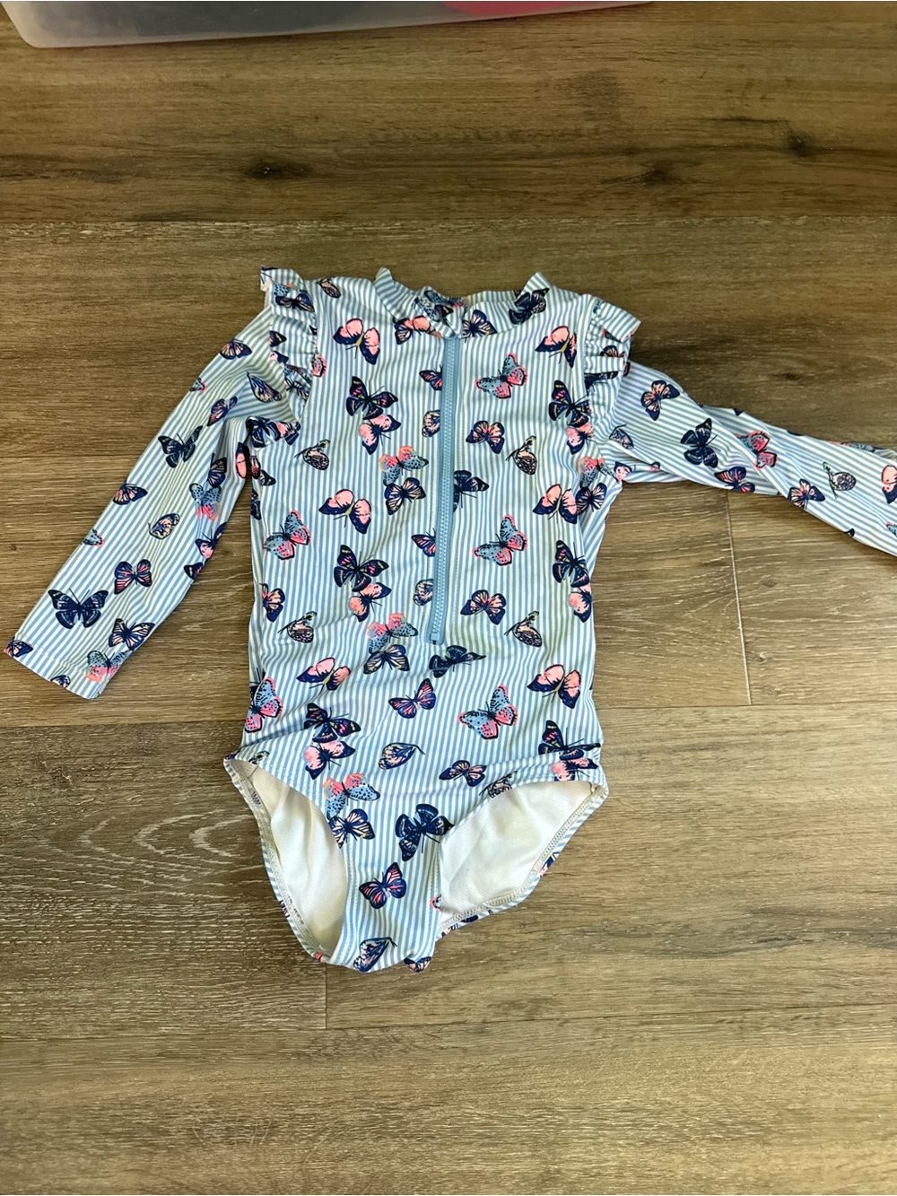 Kensiegirl Kids Long Sleeve Butterfly Print Rash Guard Swimsuit - Pink & Blue4T
